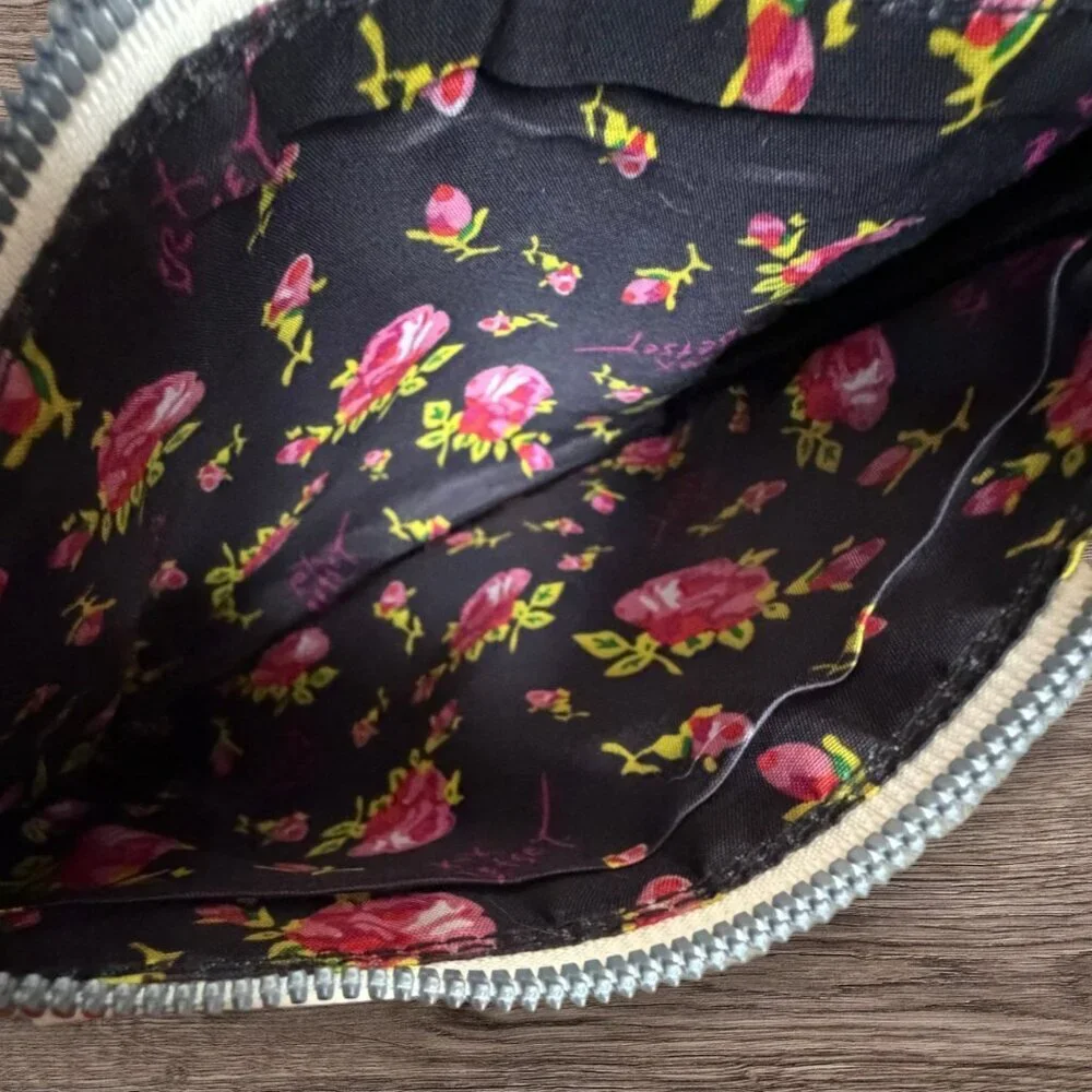 Betsey Johnson White Pebbled Cosmetic Pouch Clutch Floral Lining Makeup Bag